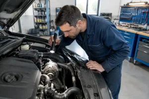 Un mécanicien inspecte l'alternateur voiture prix dans un atelier automobile bien éclairé.