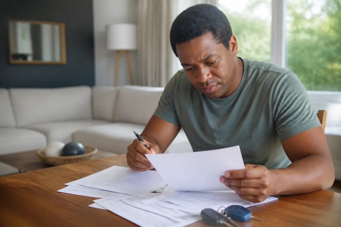 Client consultant des documents de crédit auto pour son projet avec autosphere-financement dans un salon lumineux