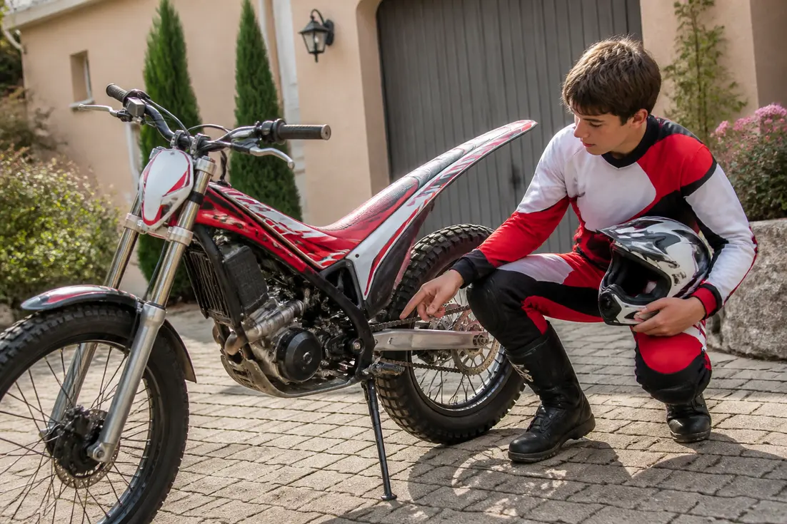 Jeune pilote inspectant une moto beta-50cc garée dans une allée pavée ensoleillée