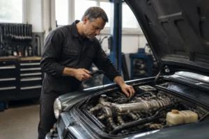 Un mécanicien examine attentivement le compartiment moteur d'une berline équipée du bloc bmw-m57 dans un atelier.