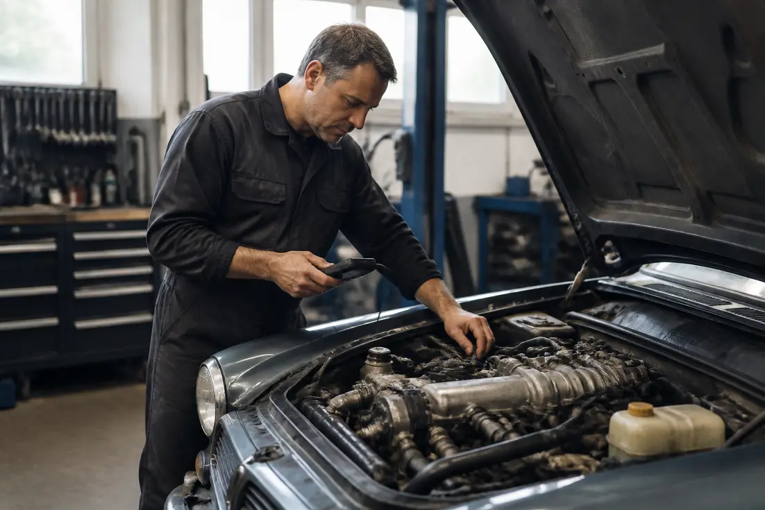 Un mécanicien examine attentivement le compartiment moteur d'une berline équipée du bloc bmw-m57 dans un atelier.