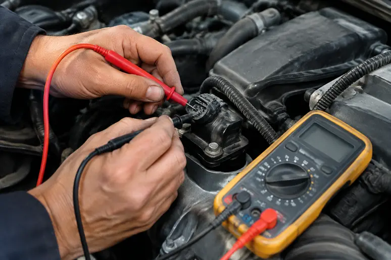 Multimètre numérique mesurant la résistance électrique du capteur sur le moteur