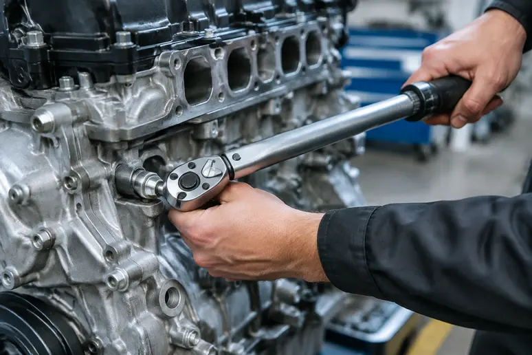 Clé dynamométrique serrant correctement la vis de fixation sur le bloc moteur