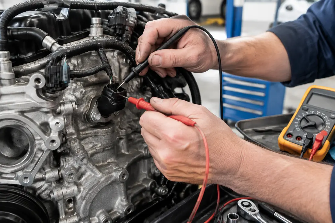 Mécanicien testant la résistance électrique d'un capteur cliquetis avec un multimètre dans un atelier automobile