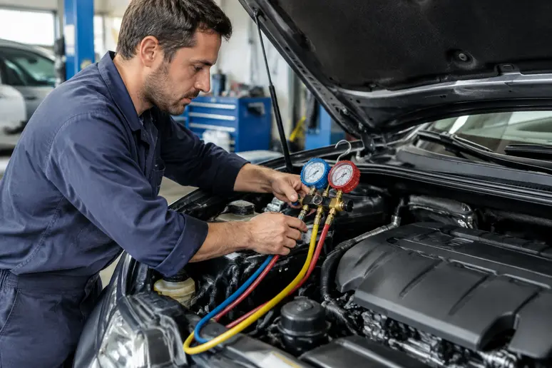 Technicien branchant les manomètres de contrôle sur les valves de climatisation sous le capot d'une voiture