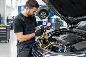 Un mécanicien vérifie le circuit lors d'une climatisation voiture entretien dans un garage automobile.