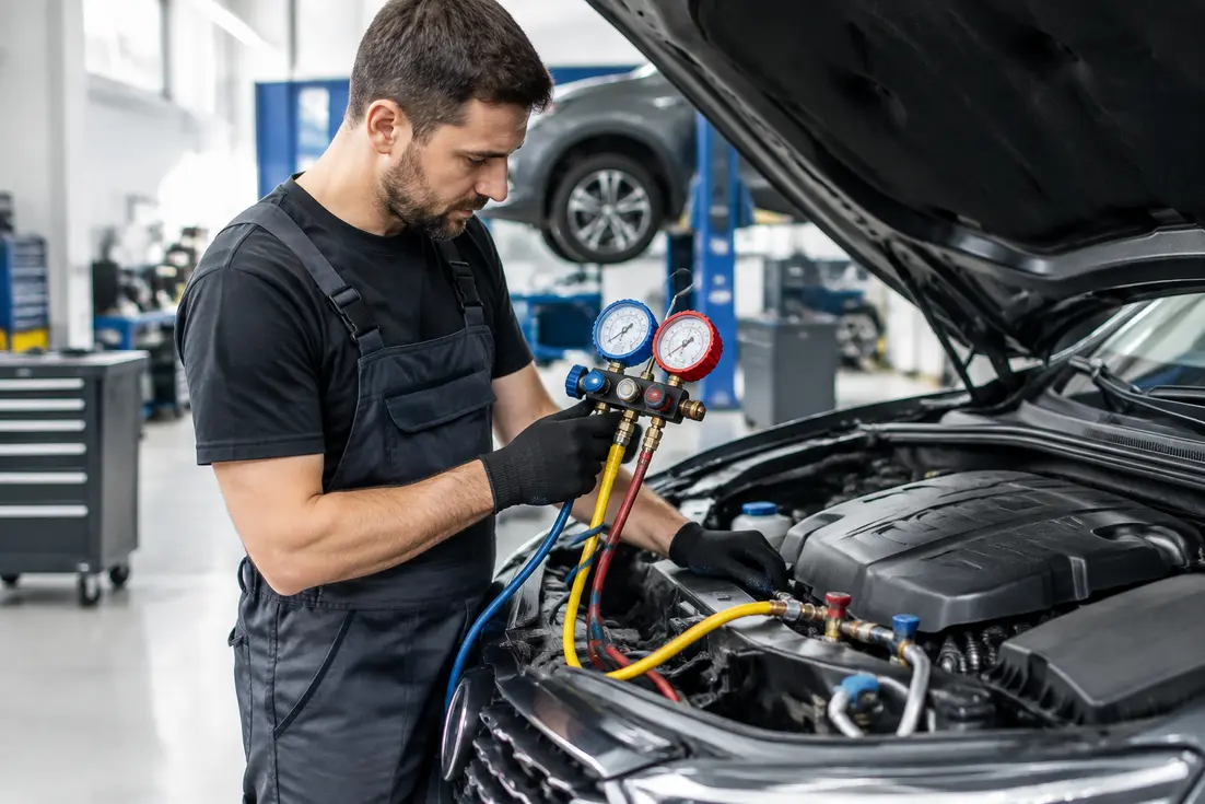 Un mécanicien vérifie le circuit lors d'une climatisation voiture entretien dans un garage automobile.