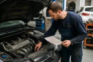 Un mécanicien examine les composants mécaniques sous le capot avec le code moteur sur carte grise