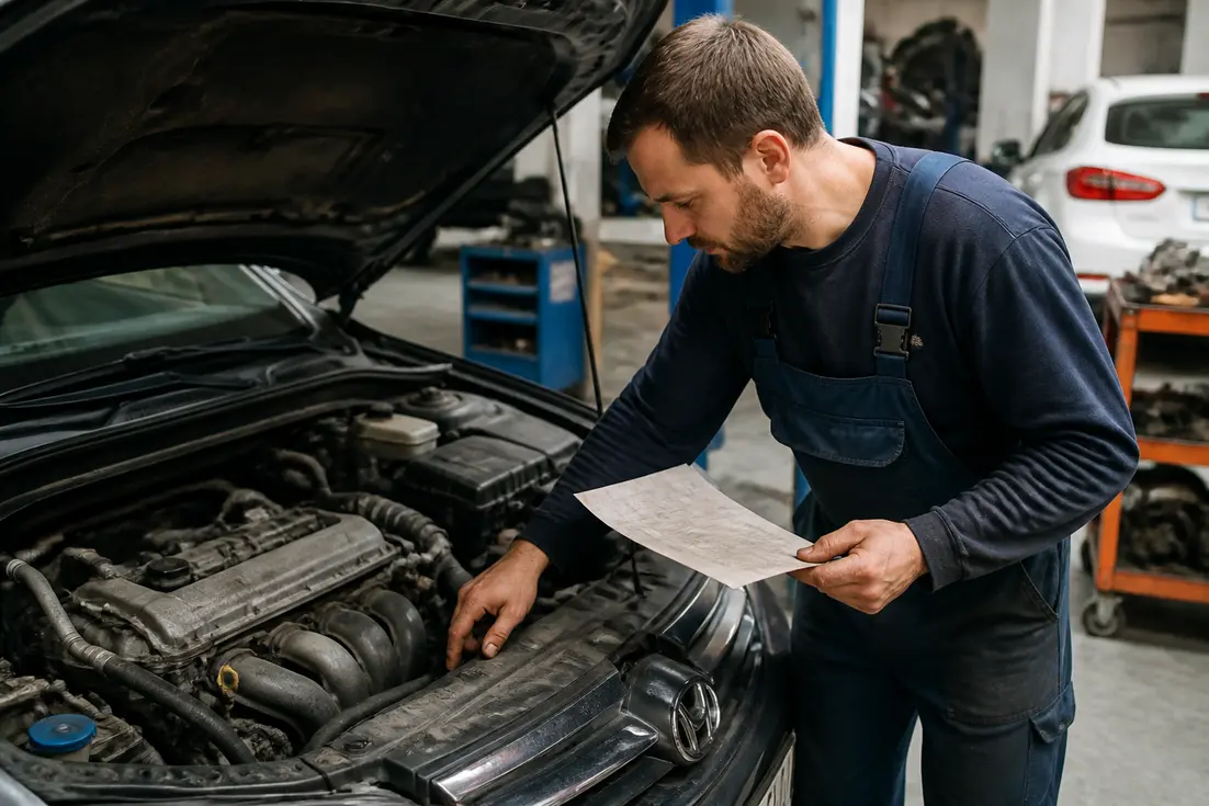 Un mécanicien examine les composants mécaniques sous le capot avec le code moteur sur carte grise