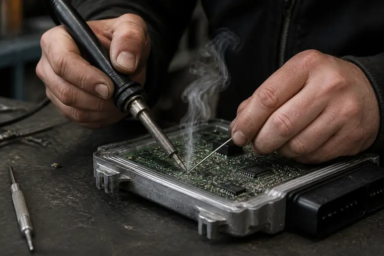 Technicien réalisant une micro-soudure sur un calculateur électronique automobile en atelier
