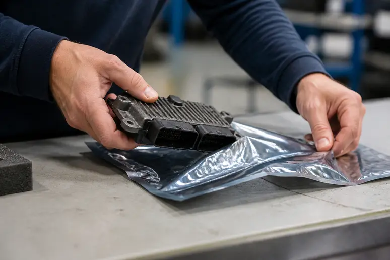 Manipulation minutieuse d'un boîtier électronique avant son conditionnement antistatique