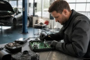 Un technicien qualifié effectue la réparation d'un boîtier électronique automobile sur un établi d'atelier avec cotrolia-2.