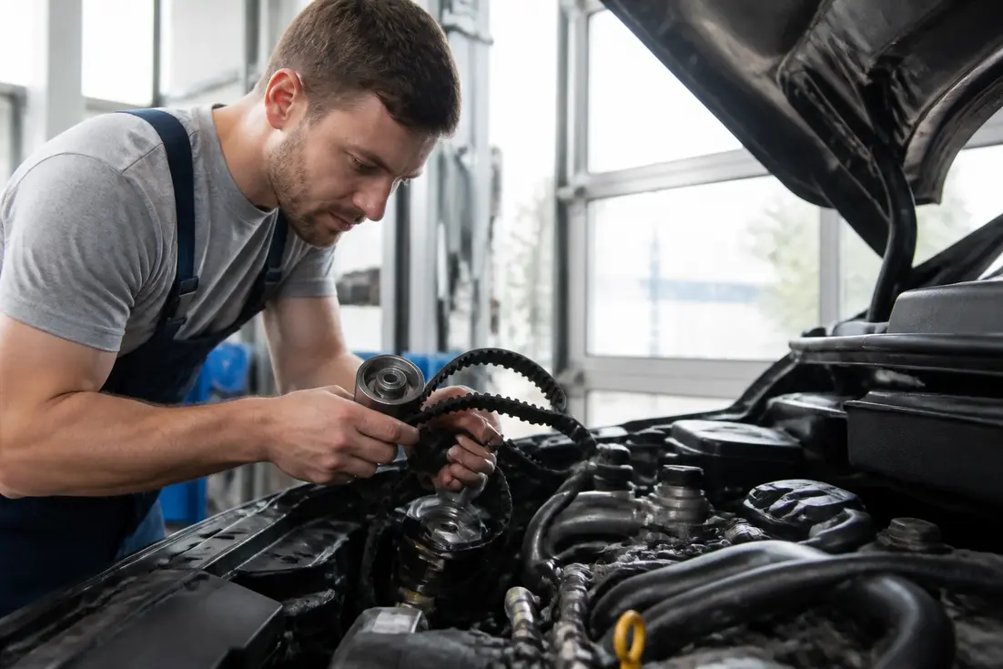 Un mecanicien inspecte le compartiment moteur dans un atelier pour evaluer le cout-remplacement-courroie-distribution-1-2-puretech-130.
