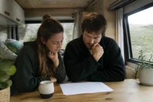 Un couple consulte un budget papier pour analyser le dacia-sandman-prix à bord d'un van aménagé.