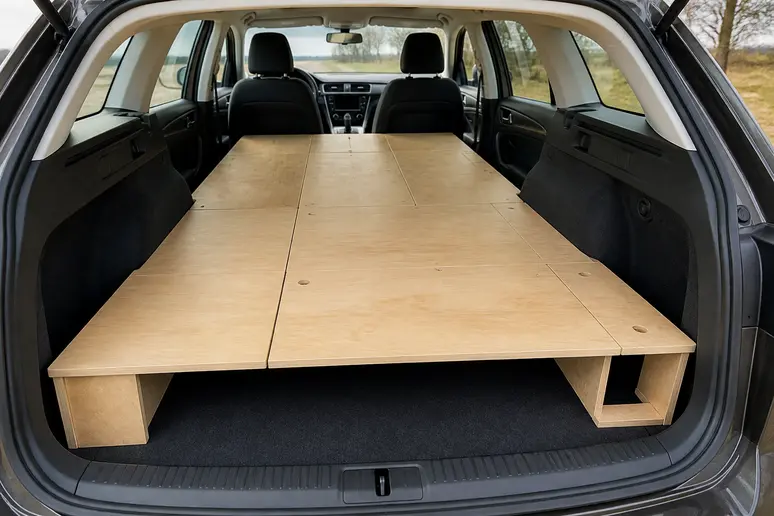 Structure en bois d'un pack de couchage amovible installé dans le coffre d'un break.