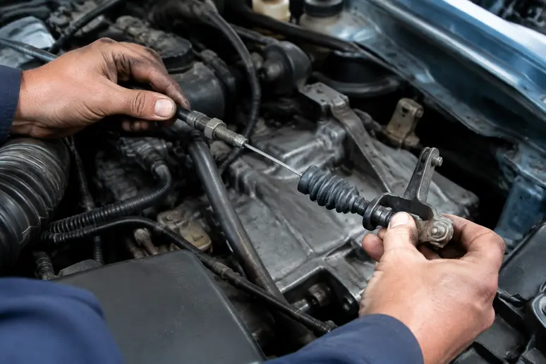 Mains d'un mécanicien inspectant le câble d'embrayage dans le compartiment moteur d'une voiture
