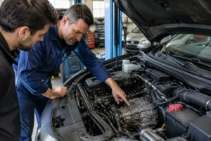 Un mécanicien examine le compartiment moteur d'une voiture en atelier pour diagnostiquer un embrayage qui patine