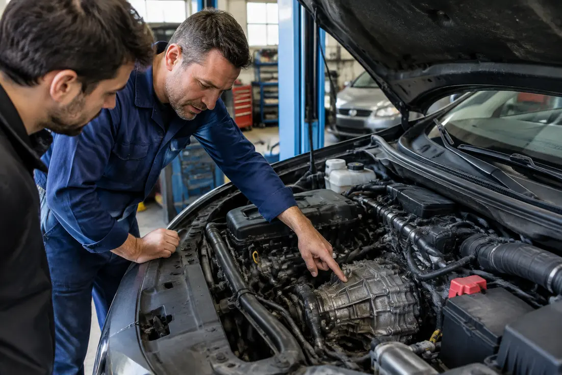 Un mécanicien examine le compartiment moteur d'une voiture en atelier pour diagnostiquer un embrayage qui patine