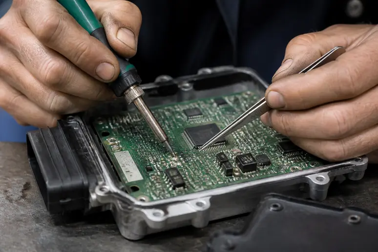 Technicien réparant un circuit électronique automobile sur son établi d'atelier