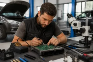Mécanicien qualifié réparant un boîtier électronique automobile dans un atelier spécialisé erepar-avis