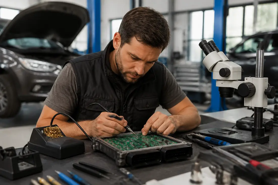 Mécanicien qualifié réparant un boîtier électronique automobile dans un atelier spécialisé erepar-avis
