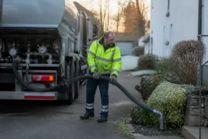 Un technicien livre du fioul domestique dans une cuve de maison, expliquant pourquoi est-ce-que-le-prix-du-fioul-va-baisser
