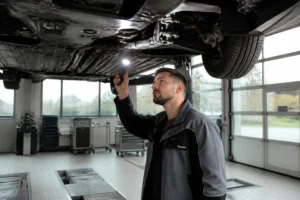 Un expert inspecte le châssis d'un véhicule importé lors d'un contrôle technique pour l'importkosten-auto.