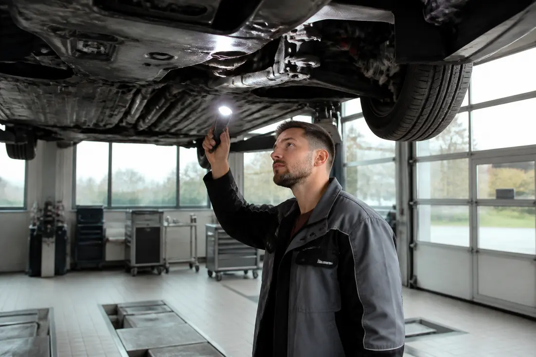 Un expert inspecte le châssis d'un véhicule importé lors d'un contrôle technique pour l'importkosten-auto.