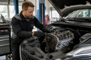 Un mécanicien examine le compartiment moteur d'un véhicule équipé du nouveau-moteur-puretech-avec-chaine-de-distribution dans un atelier.