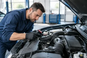 Un mécanicien analyse le compartiment moteur d'une voiture pour résoudre le code p0101.