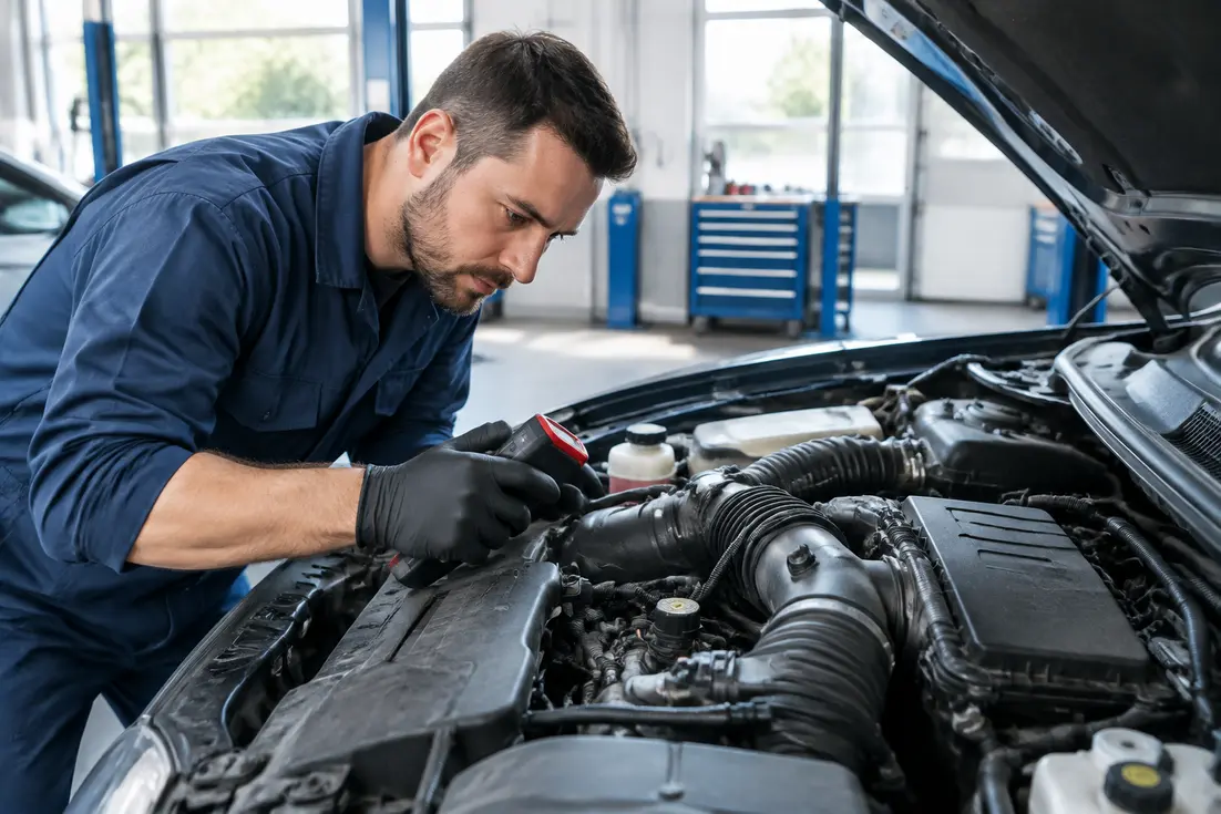 Un mécanicien analyse le compartiment moteur d'une voiture pour résoudre le code p0101.