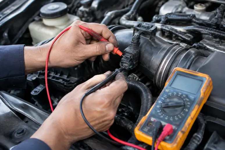 Multimètre numérique mesurant la résistance électrique d'un capteur d'air d'admission dans un compartiment moteur