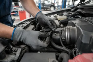 Diagnostic d'un code p0113 sous le capot d'une voiture dans un atelier mécanique