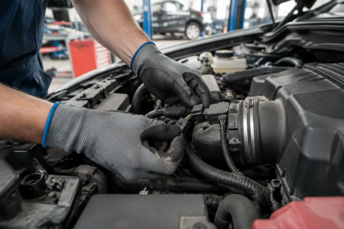 Diagnostic d'un code p0113 sous le capot d'une voiture dans un atelier mécanique