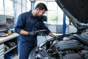 Un mécanicien analyse les causes du code p0300 sur le moteur d'une voiture en atelier
