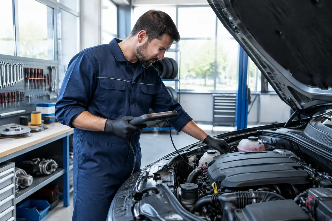 Un mécanicien analyse les causes du code p0300 sur le moteur d'une voiture en atelier