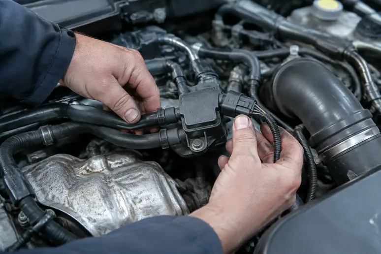 Inspection des durites du capteur de pression différentielle dans le compartiment moteur d'un véhicule diesel