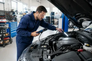 Un mécanicien analyse un problème de p2002 sur le tableau de bord d'une voiture en atelier.