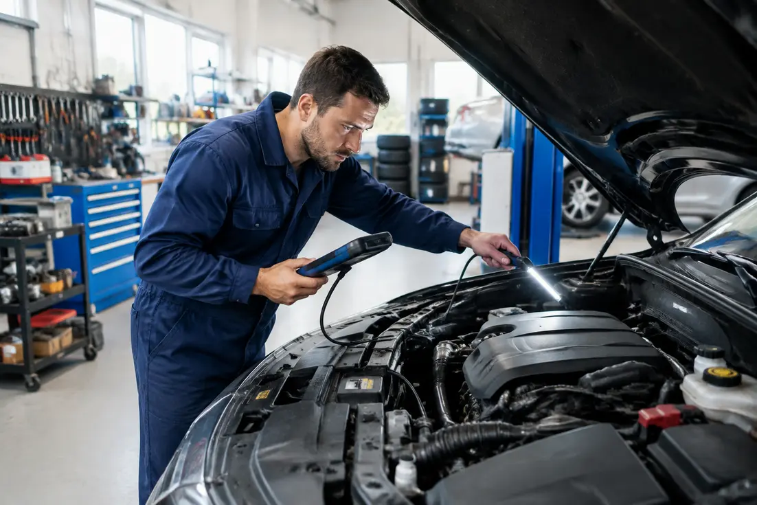 Un mécanicien analyse un problème de p2002 sur le tableau de bord d'une voiture en atelier.