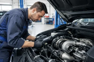 Un mécanicien effectue un diagnostic moteur sous le capot pour identifier l'origine du code p2263.