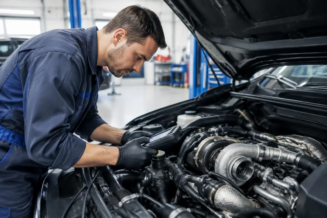 Un mécanicien effectue un diagnostic moteur sous le capot pour identifier l'origine du code p2263.