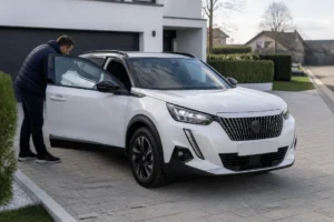 Un propriétaire examine l'intérieur d'un SUV lors de l'étude du prix-des-2008-peugeot neuf ou d'occasion.