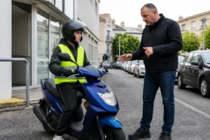 Un jeune en scooter avec équipement de sécurité lors du prix-du-permis-am en auto-école