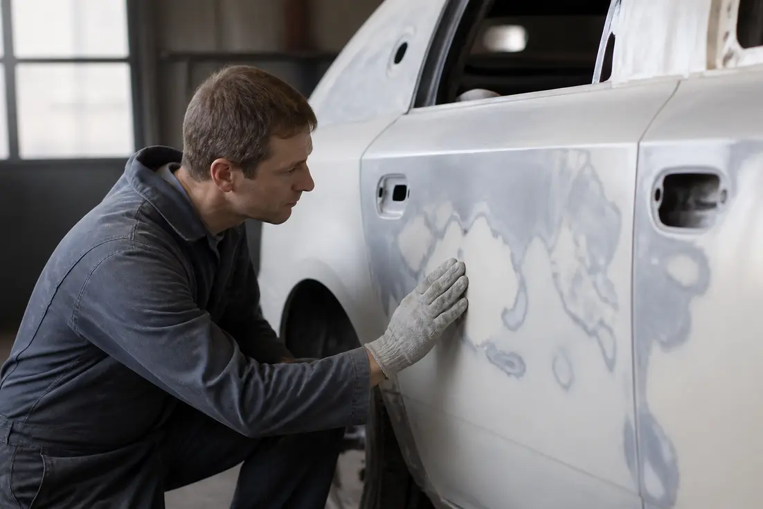 Un mécanicien examine la carrosserie d'un véhicule dans un atelier pour estimer le prix-peinture-complete-voiture-au-black.