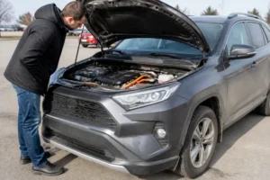 Un mécanicien inspecte le compartiment moteur d'un renault-arkana-rs-line d'occasion lors d'un contrôle technique.