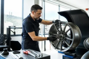 Expert en reparation-jantes-lyon inspectant une roue en aluminium dans un atelier automobile lumineux