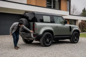 Un Land Rover Defender moderne garé dans une allée résidentielle pour illustrer le tarif-land-rover-defender.