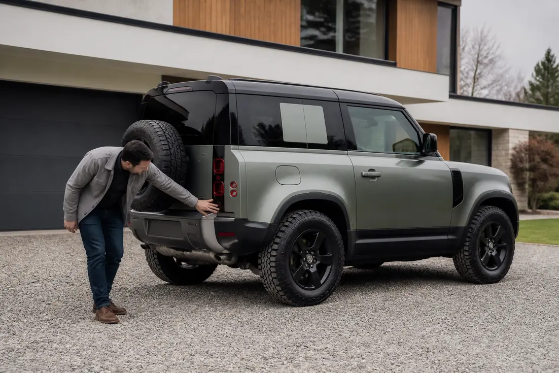 Un Land Rover Defender moderne garé dans une allée résidentielle pour illustrer le tarif-land-rover-defender.