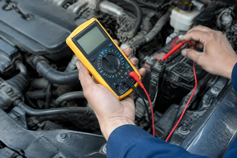 Contrôle de la tension au multimètre pour distinguer batterie et alternateur défaillant.