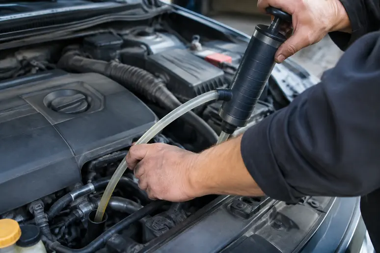 Utilisation d'une pompe manuelle pour aspirer l'excès d'huile moteur par le puits de jauge